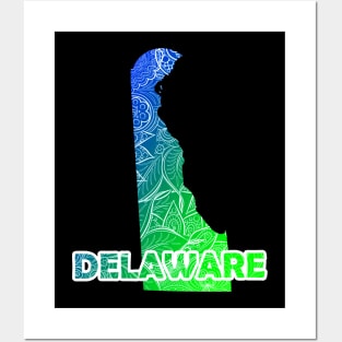 Colorful mandala art map of Delaware with text in blue and green Posters and Art